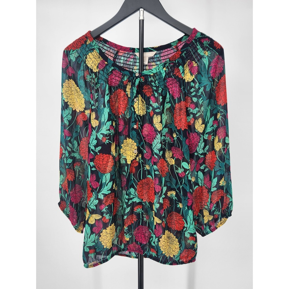 Banana Republic Floral Butterfly Smocked Chiffon Blouse Navy Red Yellow L